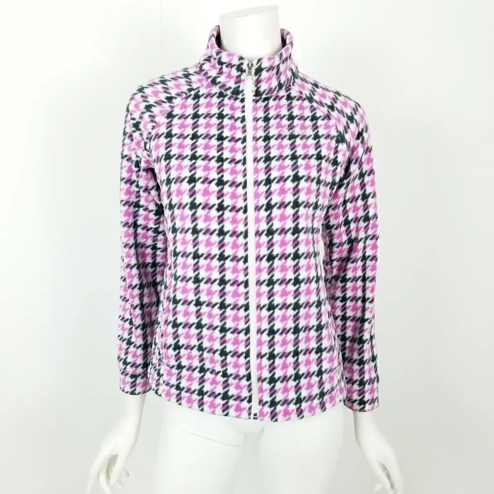 Columbia Girl's Size Large Pink & Black Houndstooth Zip Up Fleece Jacket
